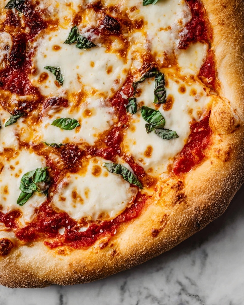 A round pizza with a thick, golden-brown crust, slightly puffed and textured, sits on crumpled white parchment paper over a white marbled surface. The base layer is a red tomato sauce spread evenly within the crust edges. On top, irregular blobs of white melted mozzarella cheese are scattered, some browned slightly with toasted spots. Small dark green basil leaves are placed sporadically over the cheese, adding contrast. The pizza appears freshly baked and slightly rustic. Photo taken with an iphone --ar 4:5 --v 7
