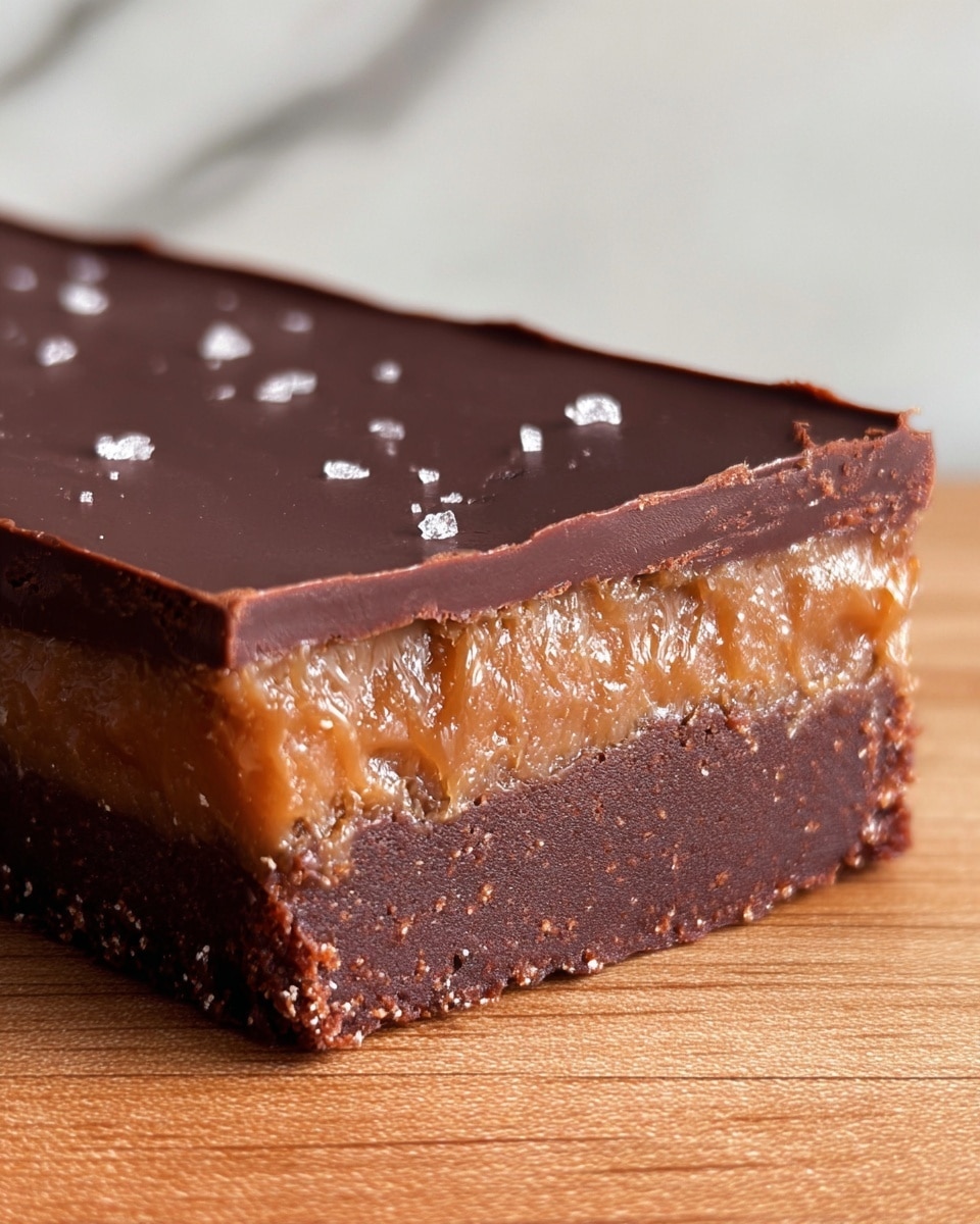 The image shows a close-up of a square-shaped dessert bar held by a woman's hand, revealing three distinct layers. The bottom layer is thick, dark brown, and looks dense with a slightly rough texture, possibly a chocolate base with small bits inside. The middle layer is lighter brown, smooth, and gooey in appearance, suggesting a caramel or toffee filling. The top layer is a thin, glossy, dark chocolate sheet with a few small cracks, resting perfectly on the caramel layer. The background is a white marbled texture. Photo taken with an iphone --ar 4:5 --v 7