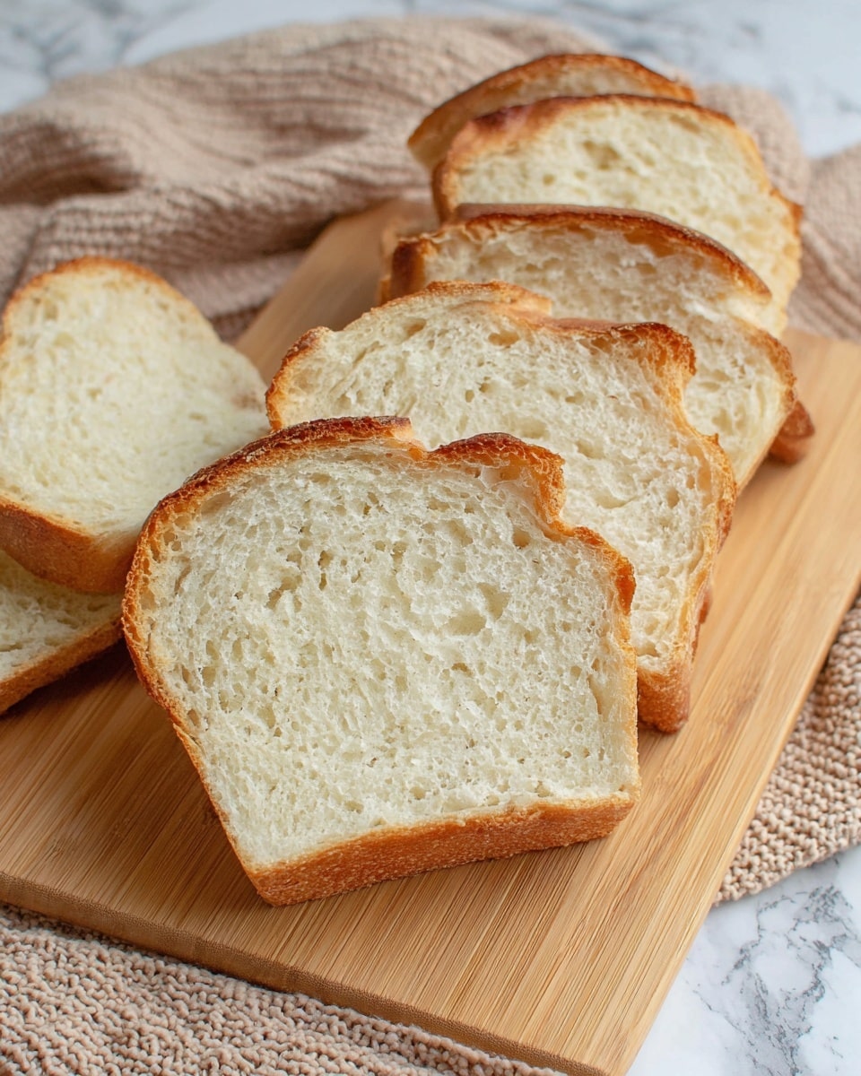 The image shows five slices of soft white bread arranged on a light wooden cutting board, with the front three slices leaning slightly forward while the back two slices rest more upright. Each slice has a golden-brown crust that is uneven and slightly crispy, with the interior soft and pale cream colored, showing small air holes throughout the texture. The cutting board is placed over a beige knitted cloth, and the surface beneath has a white marbled texture, visible at the edges. Photo taken with an iphone --ar 4:5 --v 7