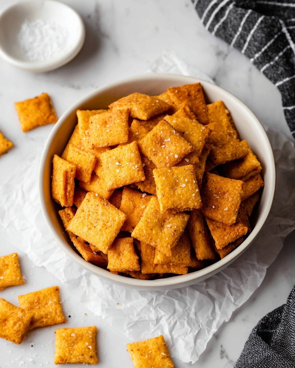 A white bowl filled with several golden brown square crackers, each lightly sprinkled with coarse salt. The crackers have a crispy texture with small holes and slight puffiness. Around the bowl, a few crackers are scattered on white parchment paper placed on a white marbled surface. A small white bowl of coarse salt is visible at the top left corner, and a striped gray and white cloth is partially seen on the right side. Photo taken with an iphone --ar 4:5 --v 7
