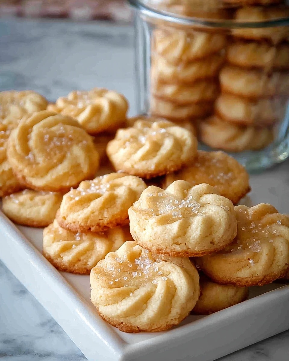 The image shows a white rectangular tray filled with small round cookies, each with a light golden-brown swirl pattern on top and a slightly darker edge. The cookies have a soft texture with small salt crystals sprinkled on their surface, adding a bit of sparkle. In the background, there is a clear glass jar stacked with more cookies, showing the same swirled design. The whole setting rests on a white marbled surface, making the warm tones of the cookies stand out. photo taken with an iphone --ar 4:5 --v 7