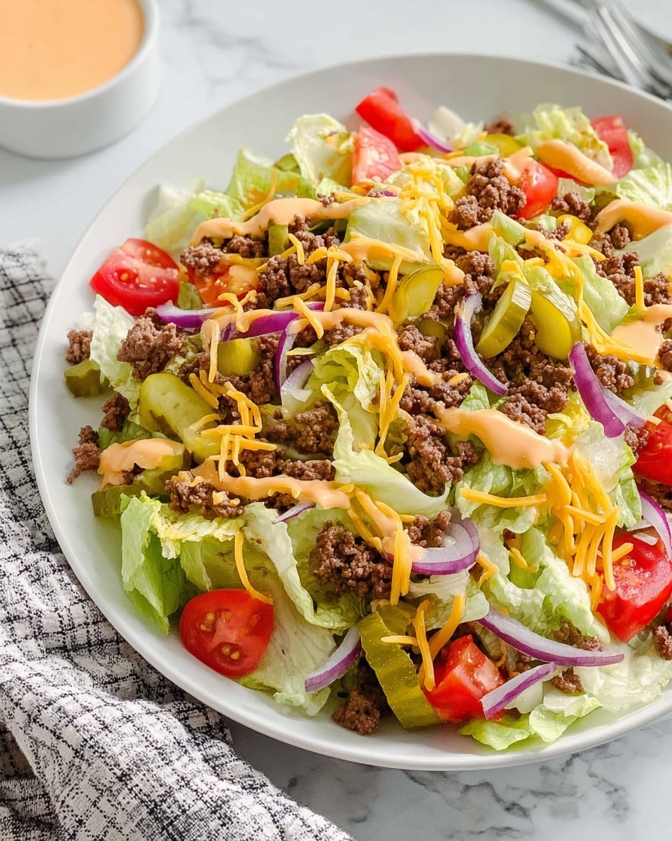 A white round plate filled with a fresh layered salad, starting with a base of light green lettuce leaves. On top, there are chunks of red tomatoes and yellow-green pickles scattered evenly, along with slices of purple onion. Small loose pieces of cooked ground beef are spread across the salad, adding a rough texture. Bright orange shredded cheese is sprinkled over everything. The whole dish is drizzled with creamy light orange dressing that sits on top and melts slightly into the layers. The plate is set on a white marbled surface, next to a checkered cloth napkin. photo taken with an iphone --ar 4:5 --v 7