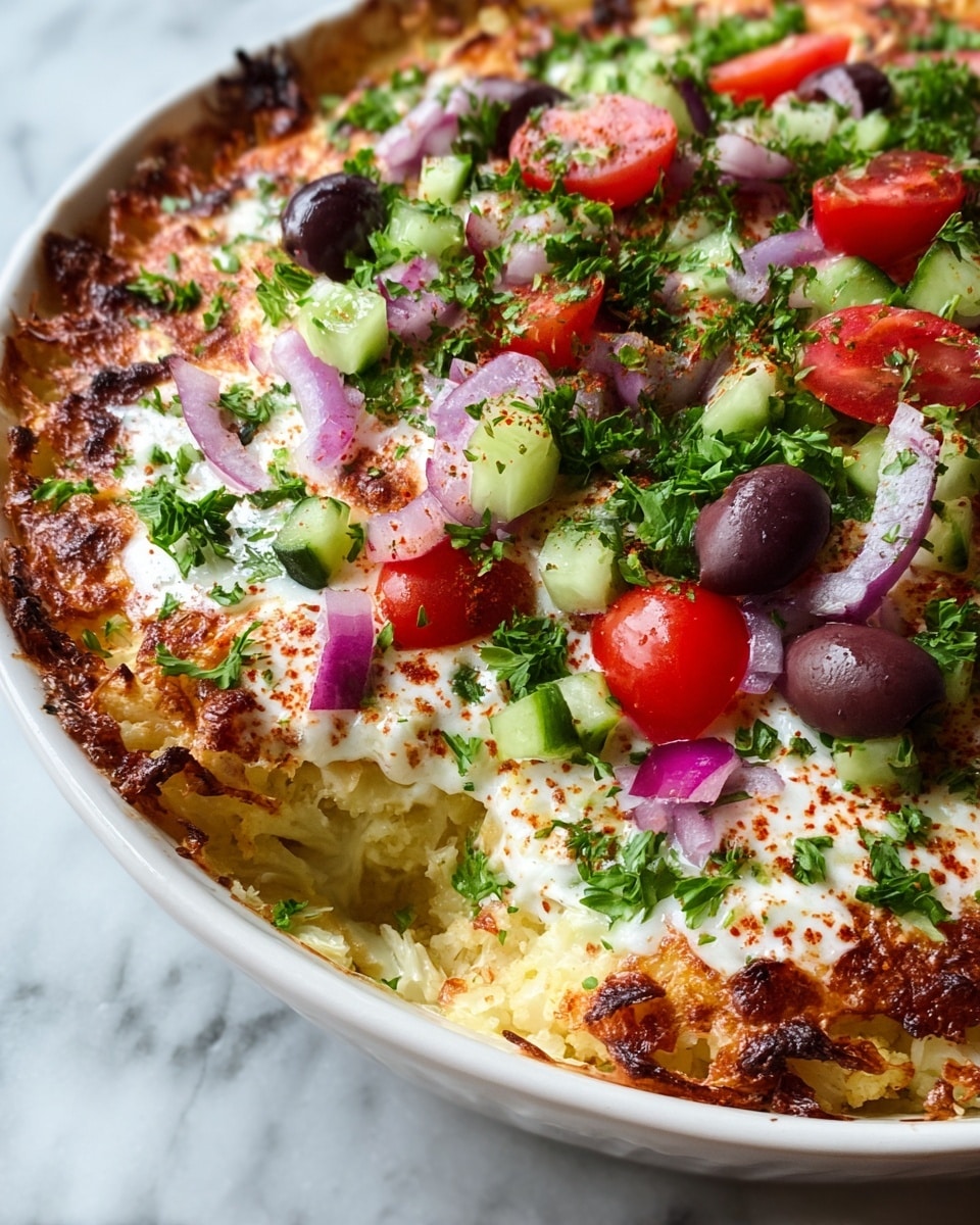 A close-up view of a baked dish featuring a golden-brown, crispy top layer with hints of melted cheese, scattered with bright green chopped parsley. On top, there are halved red cherry tomatoes, small green cucumber cubes, and rings of purple onion spread out evenly. Dark purple olives add contrast, nestled between the vegetables. The base beneath looks creamy and textured, showing a light mixture of white and golden colors. The dish is served in a white bowl placed on a white marbled surface. photo taken with an iphone --ar 4:5 --v 7
