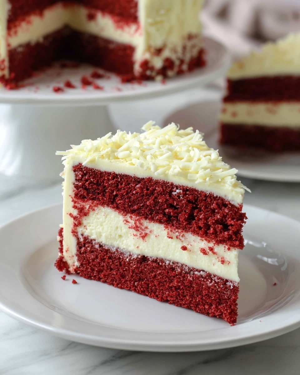 A round cake sits on a white cake stand with a slightly scalloped edge. The cake has three visible layers: the bottom edge is decorated with a thin ring of bright red crumbs, above that is a smooth thick layer of white frosting covering the sides, and the top is covered with a thick layer of the same white frosting sprinkled evenly with small, thin white chocolate shavings. The background is a white marbled surface. photo taken with an iphone --ar 4:5 --v 7