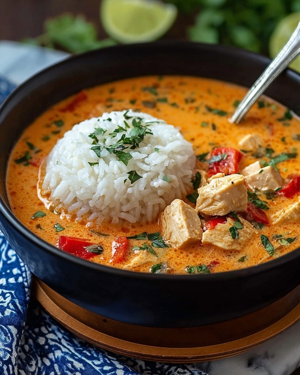 A white bowl filled with a vibrant orange soup as the base layer, dotted with green peas, red onion slices, and small bits of carrot, topped with a generous portion of shredded white chicken scattered in the middle. On one side of the bowl, a mound of fluffy white rice sits partially submerged in the soup. Fresh green cilantro leaves are sprinkled on top, adding texture and color contrast. A lime half rests on the edge of the bowl, adding a fresh citrus element. The bowl is placed on a white marbled surface with a spoon poking out from the soup. Photo taken with an iphone --ar 4:5 --v 7