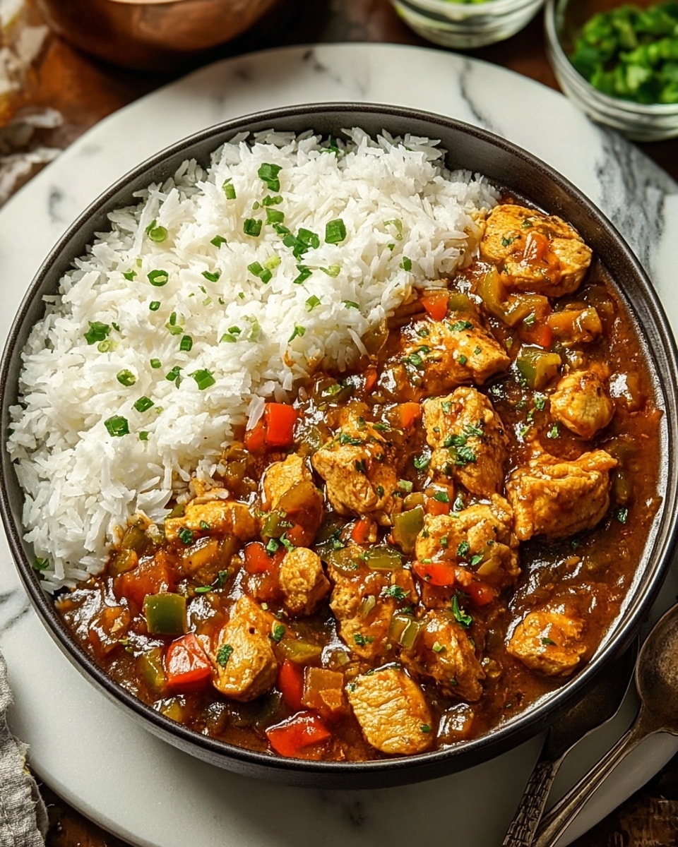 A dark bowl filled with two main layers sits on a white marbled surface. The top left half of the bowl holds a layer of fluffy white rice, each grain distinct and topped with small green herb pieces. The right half features a rich, thick brown stew with large, tender chunks of golden-brown chicken mixed with pieces of diced red and green bell peppers and onions. The stew is glossy with a slight shine from the sauce and is garnished evenly with chopped green herbs, adding a fresh pop of color. The background shows blurred containers of fresh ingredients and a silver spoon rests to the right side of the bowl. photo taken with an iphone --ar 4:5 --v 7