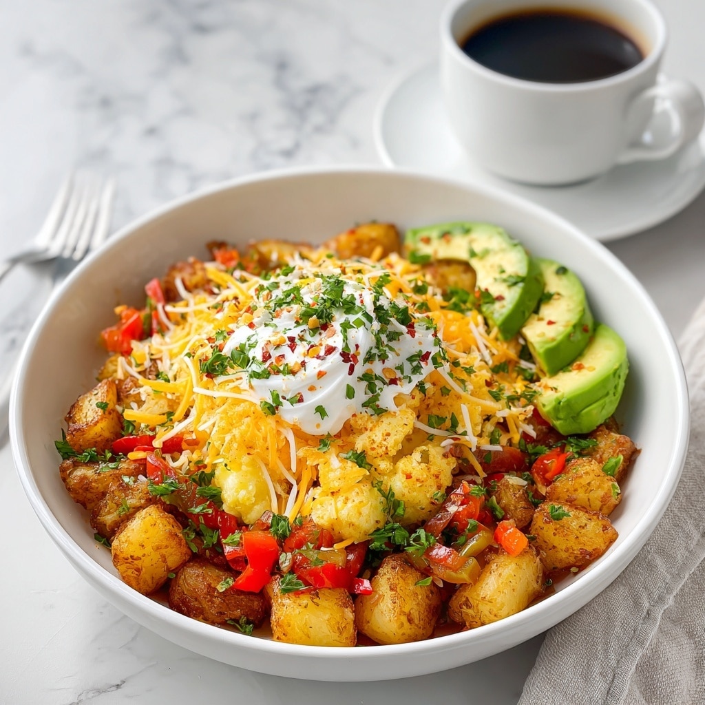 A white bowl filled with five distinct sections of food arranged in a circle. Starting from the top left, there are golden-brown roasted potato cubes with a crispy texture, topped lightly with chopped green herbs. To the right, there is a bright pile of shredded orange cheddar cheese sprinkled with herbs. Next, halved cherry tomatoes and sliced red bell peppers are stacked, both glistening and fresh, also sprinkled with green herbs. In the bottom left section, there is a portion of fluffy yellow scrambled eggs with a slightly browned surface, again topped with green herbs. In the center of the bowl, a fan of sliced avocado in vibrant green rests on top of the other sections, with a dollop of white sour cream garnished with chopped green herbs on top. The bowl sits on a white marbled surface. Photo taken with an iphone --ar 4:5 --v 7