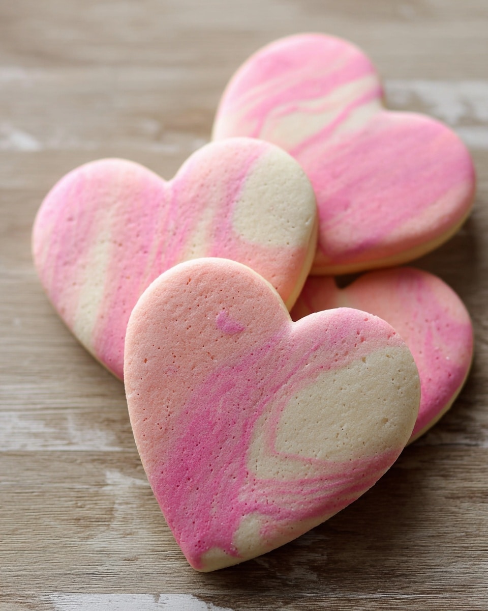 The image shows a stack of three heart-shaped cookies arranged on a white marbled surface. Each cookie has a smooth texture and a marbled pattern of pink and pale cream colors swirled together, with the pink varying in intensity across the cookies. The cookies are thin and flat, with the top cookie prominently displayed and the two underneath slightly visible. In the background, more cookies of similar color and shape are partially visible, softly out of focus. photo taken with an iphone --ar 4:5 --v 7