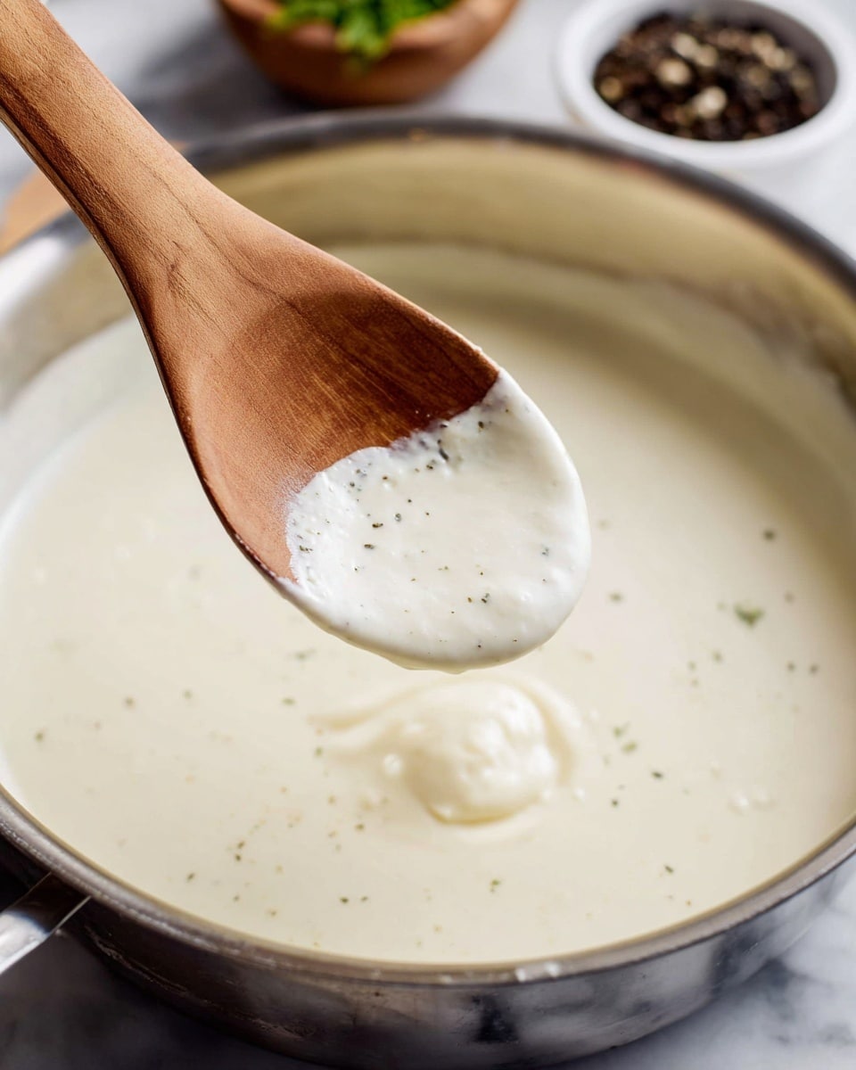 A white bowl with a patterned edge holds a serving of fettuccine pasta coated in a creamy, pale yellow sauce. The pasta is layered in loose, flat ribbons with a smooth texture, twisted softly across the bowl. Small green parsley bits are sprinkled evenly on top, adding a touch of color. A metal fork rests inside the bowl on the left side. The bowl is set on a white marbled surface with some green leaves partly visible in the background. photo taken with an iphone --ar 4:5 --v 7