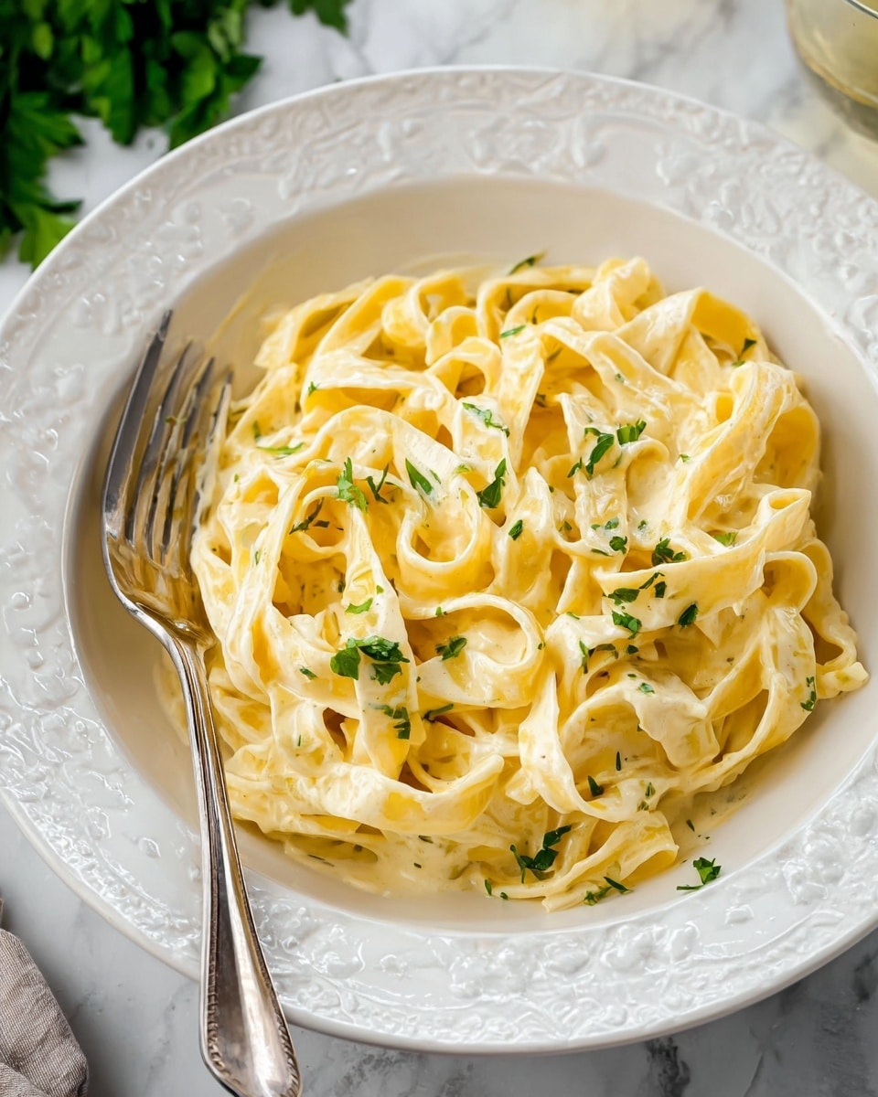 A close-up view of a wooden spoon holding thick, creamy white sauce with some small black specks, hovering above a shiny silver pan filled with the same sauce. The sauce surface looks smooth with a slightly textured, glossy appearance. In the blurred background, there is a white bowl with black peppercorn and some green herbs slightly visible, all set on a white marbled surface. photo taken with an iphone --ar 4:5 --v 7