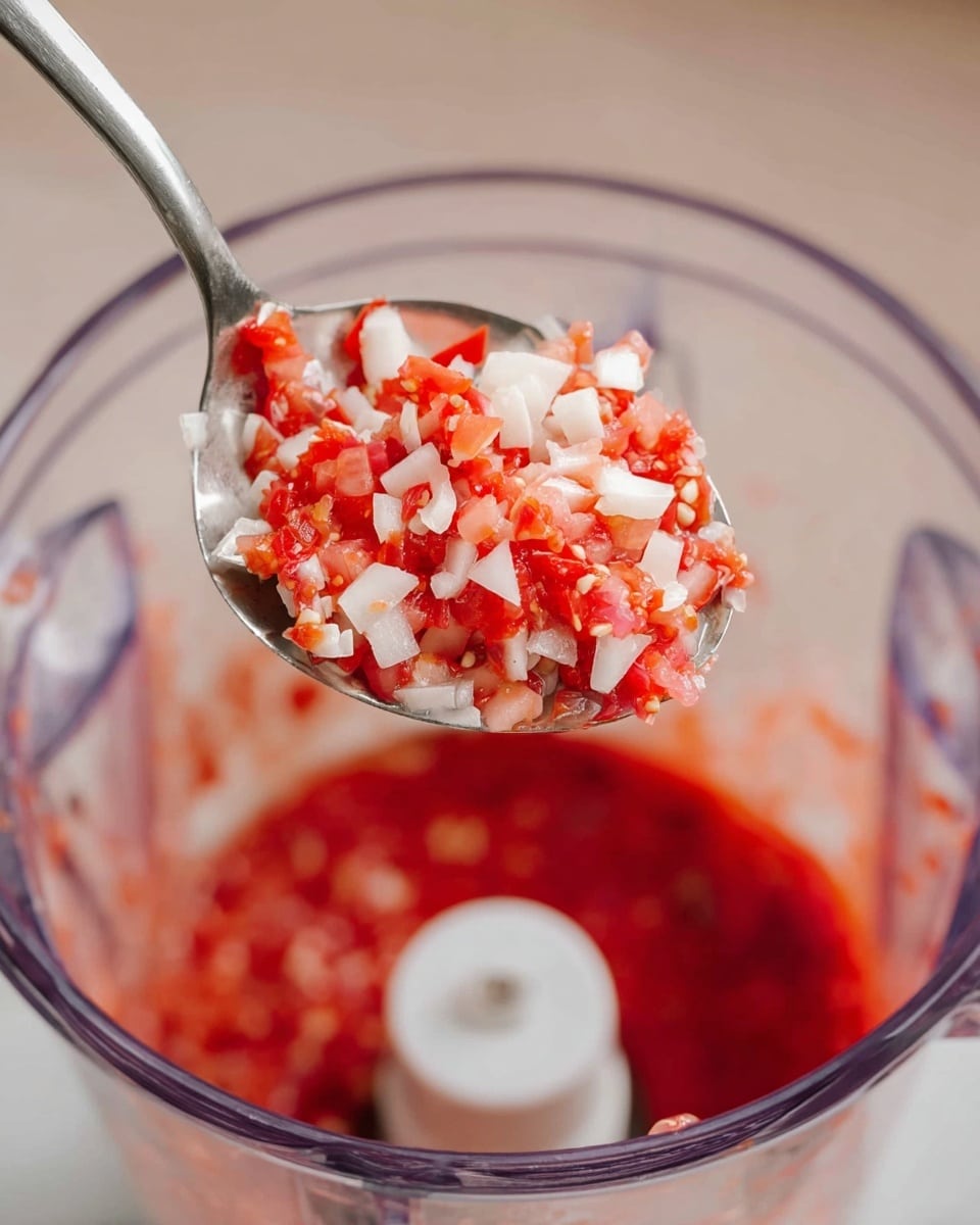 A close-up image of a spoon holding finely chopped small pieces of white and bright red vegetables above a clear blender container that holds more of the mixed chopped vegetables with a red juice at the bottom. The spoon is silver and is held above the blender against a soft beige background, with the clear blender's round opening and smooth sides visible, all placed on a white marbled texture. The chopped mix looks fresh and textured with sharp cuts, showing a mix of red and white colors. photo taken with an iphone --ar 4:5 --v 7
