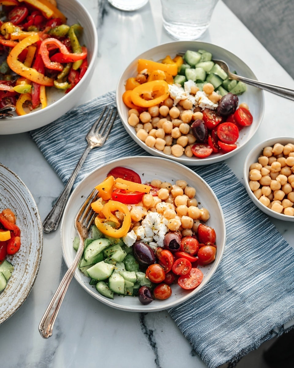 A large bowl filled with a colorful salad made of chickpeas, chopped green cucumber pieces, halved small yellow and red cherry tomatoes, sliced red and orange mini bell peppers, dark brown olives, and crumbled white feta cheese scattered on top. The bowl sits on a white marbled surface next to a small white bowl of chickpeas, an empty white plate with three silver forks, and a small white plate with a silver spoon and some feta cheese crumbles. A gray and white striped cloth is placed to the right side of the bowl. The salad looks fresh and vibrant, with various textures from crunchy to soft. photo taken with an iphone --ar 4:5 --v 7