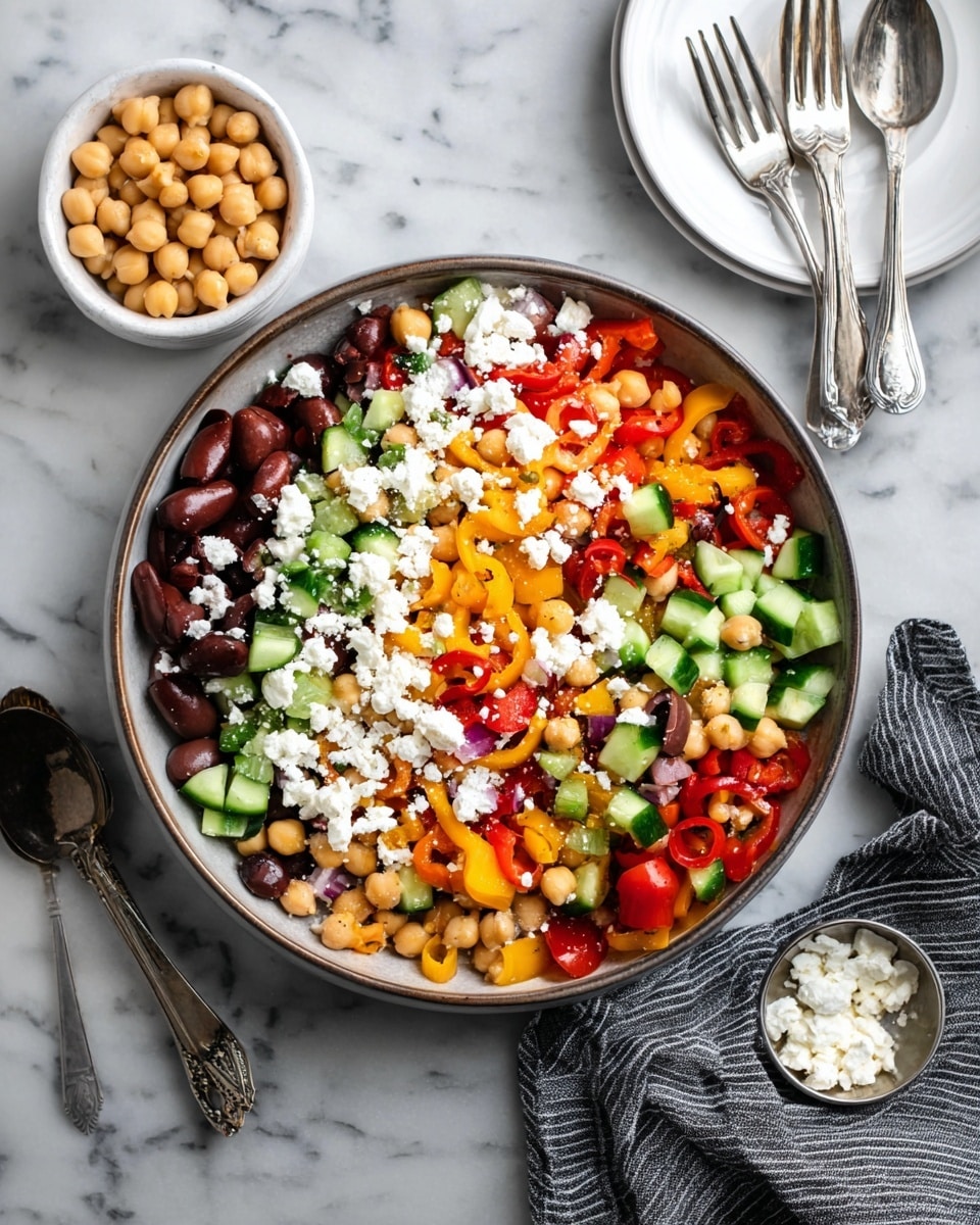 The image shows a fresh salad served in two white bowls with a silver fork each. The salad has three main layers: the bottom is chopped green cucumber pieces with smooth, shiny textures; the middle layer consists of round chickpeas with a light tan color; the top layer features rings of red and yellow mini bell peppers, sliced cherry tomatoes with a juicy red and yellow interior, small chunks of white cheese, and dark purple olives. To the top left, there is a larger white bowl filled with more of the colorful salad, and to the top right, a small white bowl contains plain chickpeas. All items are set on a white marbled table with a blue and white striped cloth nearby. The scene is bright and casual with natural lighting. photo taken with an iphone --ar 4:5 --v 7