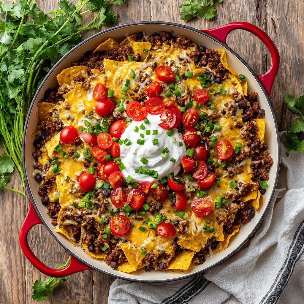 A large white pan with red handles filled with a layered dish starting with a base of golden tortilla chips, topped with dark brown cooked ground meat and black beans, followed by a thick layer of melted yellow and white cheese spread unevenly. On top, there are bright red cherry tomato halves and chopped green onions scattered around. In the center, a generous dollop of white sour cream is placed, also garnished with a few cherry tomato pieces and green onions. The pan rests on a wooden surface with fresh green cilantro and a white and gray striped cloth nearby. Photo taken with an iphone --ar 4:5 --v 7