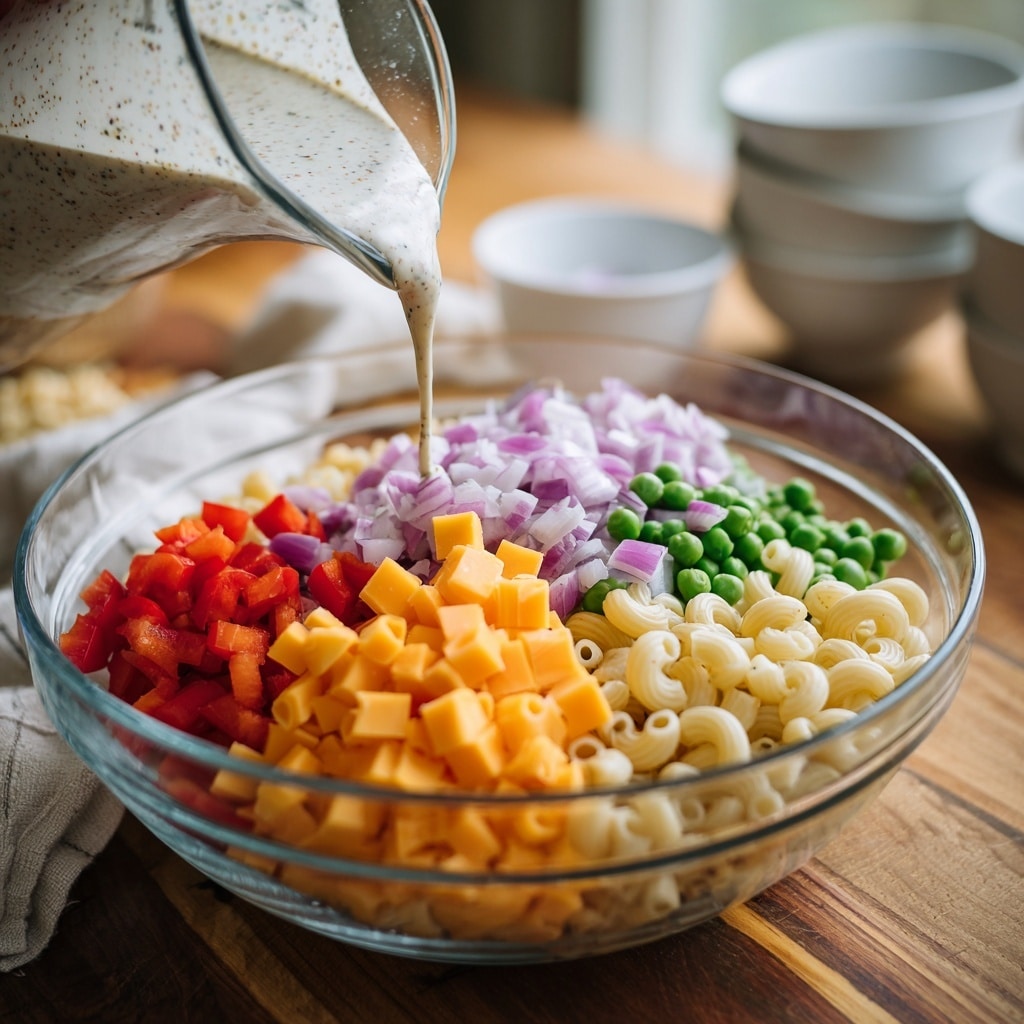 A clear glass bowl filled with creamy macaroni salad on a white marbled surface. The salad has curled, pale yellow macaroni noodles coated in a smooth white dressing. Mixed throughout are small cubes of orange cheese, bits of red bell pepper, bright green peas, chopped celery, and small pieces of purple onion. The textures show the softness of the pasta and creaminess of the dressing against the crunchy vegetables. The bowl fills the frame, showing close-up details of the layered ingredients. Photo taken with an iphone --ar 4:5 --v 7