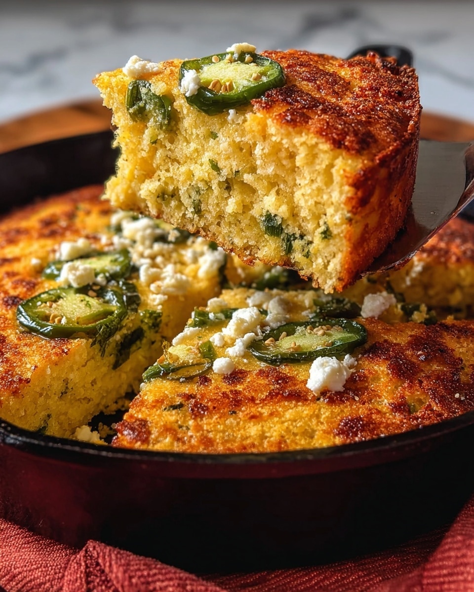 A thick slice of golden cornbread with a slightly crunchy brown top, filled with green jalapeño slices evenly spread inside and on top, and small dollops of white cheese. The cornbread has a moist texture with visible bits of jalapeño throughout. It is being lifted from a black cast iron pan, showing the soft inside and crumbly edges. The pan rests on a white marbled surface with a reddish cloth underneath. Photo taken with an iphone --ar 4:5 --v 7