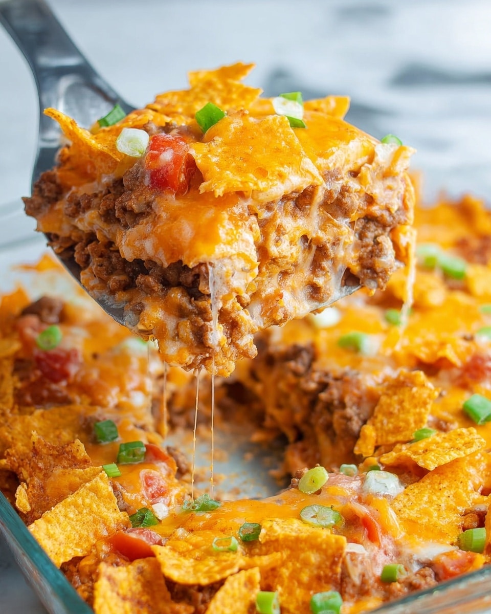 A glass baking dish holds a layered hot dish starting with a bottom layer of cooked ground meat mixed with light brown beans, topped with orange, crispy corn chips scattered unevenly over the meat layer. Melted yellow and white cheese covers the chips, adding a gooey texture that blends with the crunchy chips. Small pieces of bright green chopped scallions are sprinkled on top, adding fresh color contrasts. The dish sits on a white marbled surface. photo taken with an iphone --ar 4:5 --v 7