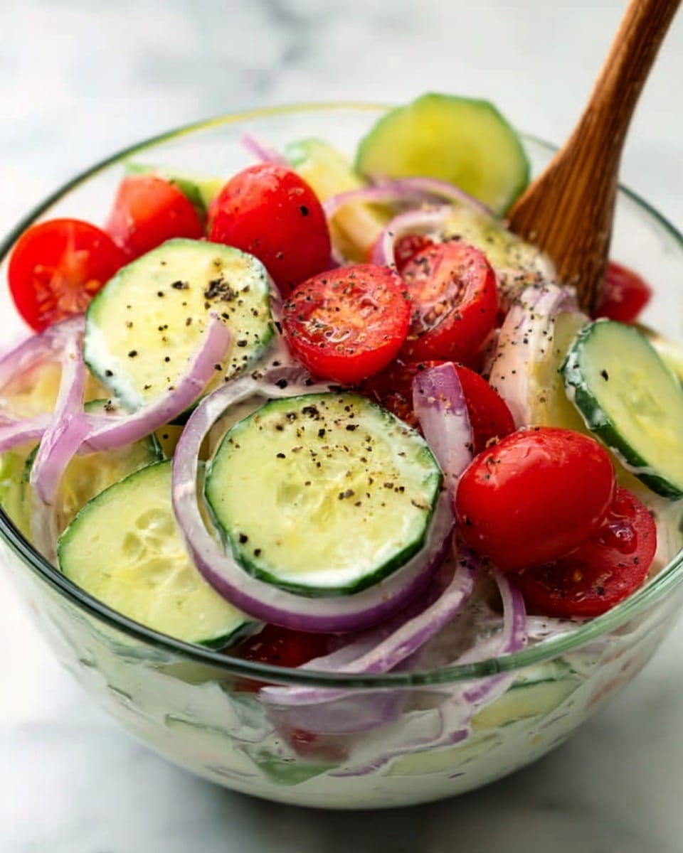 The image shows a fresh salad in a clear glass bowl placed on a white marbled surface. The salad has three main layers: the bottom layer is made of large, bright green cucumber slices with a smooth texture; the middle layer consists of halved red cherry tomatoes with a shiny, juicy look; the top layer contains thin rings of purple onion and a few small pieces of chopped green herbs sprinkled across. The colors are vibrant, and the bowl is full, giving a fresh and healthy feeling. Photo taken with an iphone --ar 4:5 --v 7