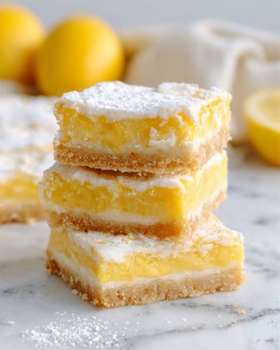 The image shows two square lemon bars stacked on each other on a white marbled surface. The bottom layer is a light golden, crumbly crust. The middle layer is thick and pale yellow, creamy lemon filling with a slightly textured surface. The top layer is a thin, shiny pale glaze with small cracks. Two lemon halves are blurred in the background, along with a pink cloth and pink polka dot straws near the lemon bars. Photo taken with an iphone --ar 4:5 --v 7