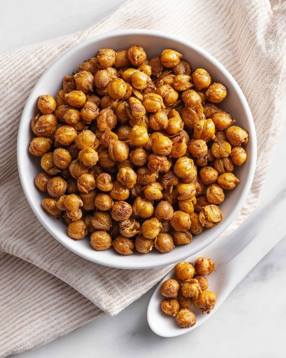 A white bowl filled with a single layer of golden brown roasted chickpeas that have a slightly rough, crispy texture, sitting on a light beige striped cloth over a white marbled surface. A white spoon with a small pile of the same roasted chickpeas rests next to the bowl on the surface. photo taken with an iphone --ar 4:5 --v 7
