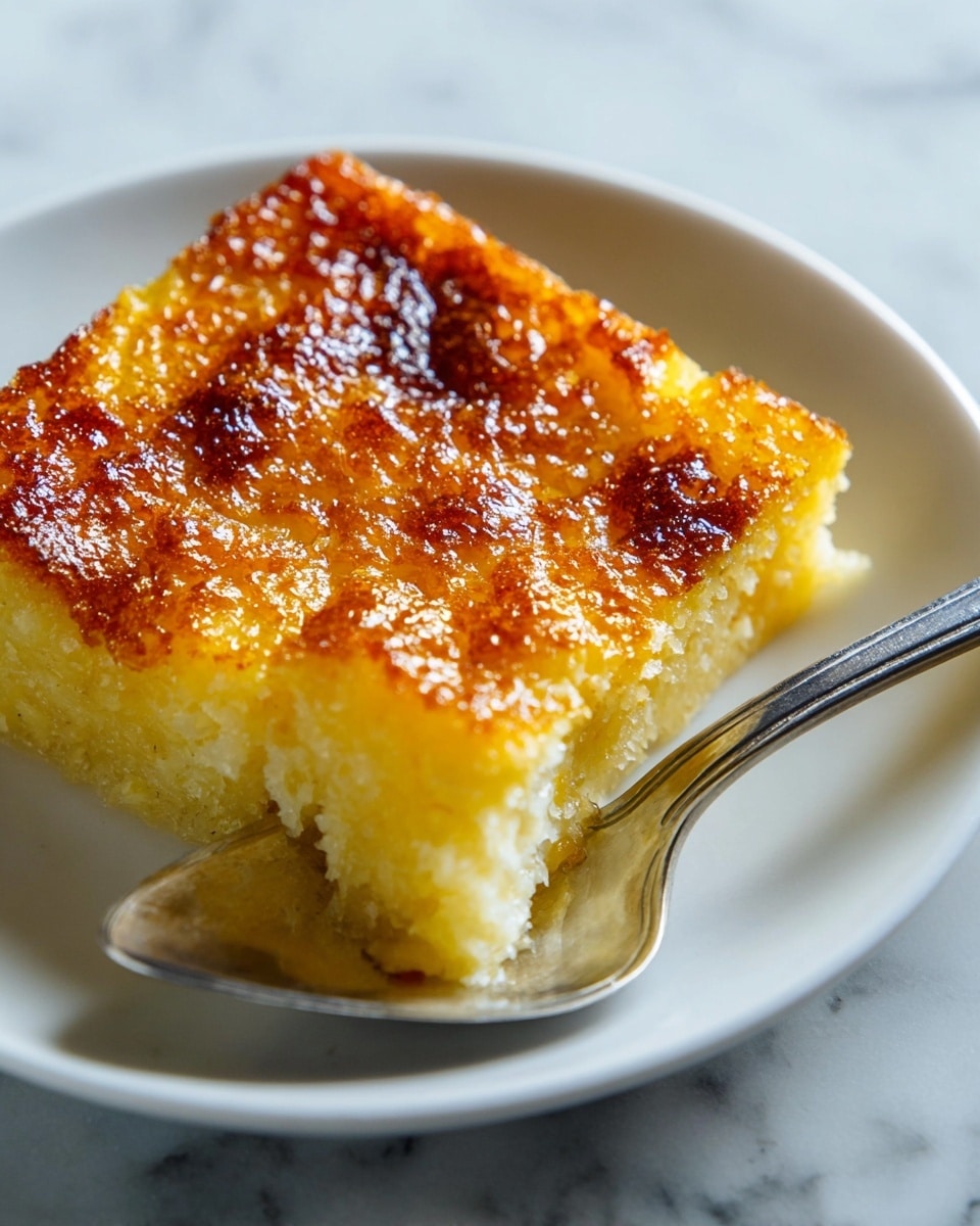 A golden brown baked dish in a clear rectangular glass casserole dish, with a crispy, bubbly top layer that shows an uneven, textured crust with deeper browned spots, suggesting melted cheese or a baked topping. The sides reveal a thick base layer beneath the crust, hinting at a soft, creamy interior. The background surface is a white marbled texture, enhancing the warm tones of the dish. photo taken with an iphone --ar 4:5 --v 7