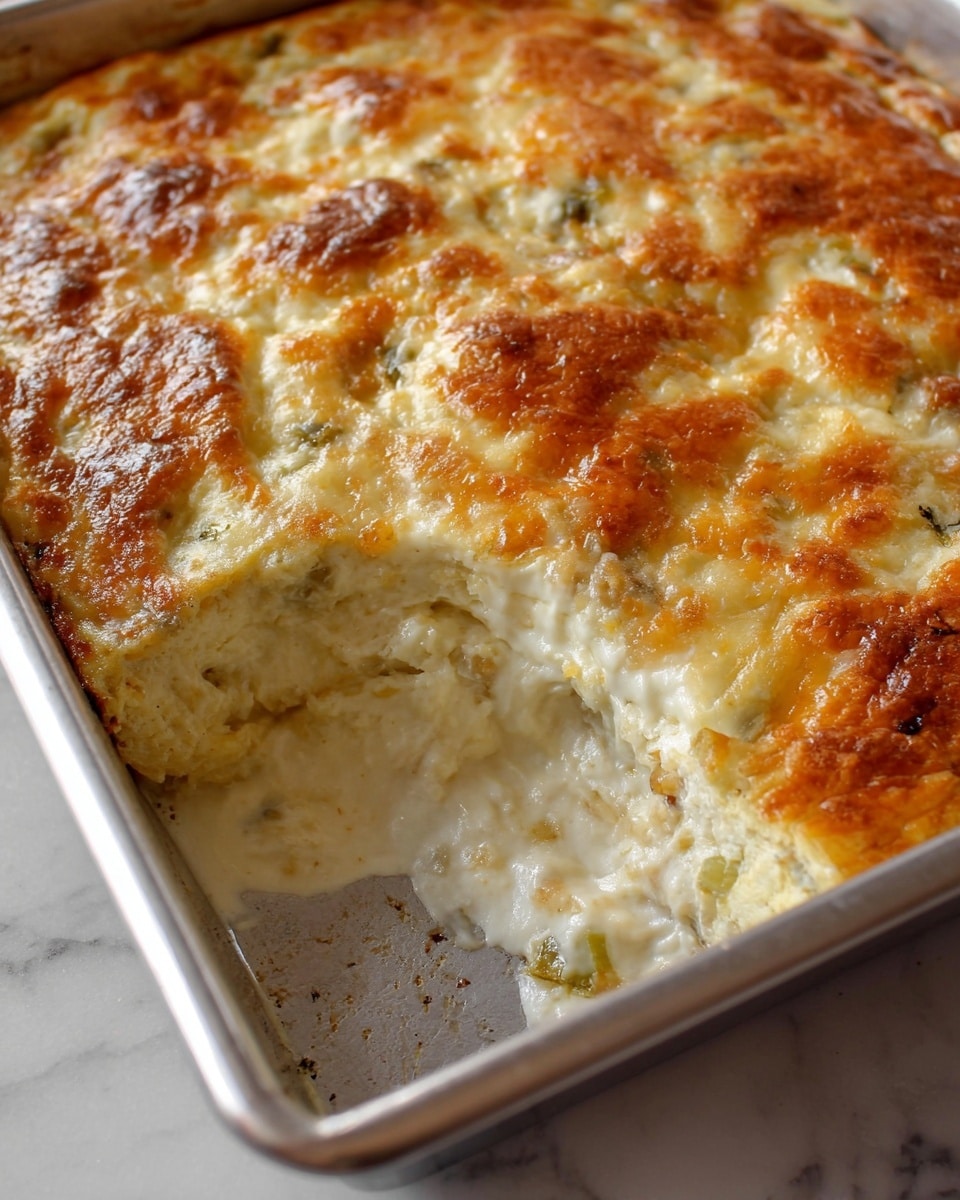 The image shows a baked dish in a metal pan with a golden-brown melted cheese layer on top, bubbling and slightly crispy around the edges. The top layer is thick and creamy with patches of light yellow and golden tan, indicating cheese that has melted evenly. Beneath the cheesy crust, there is a creamy white and slightly chunky base, appearing rich and smooth with small bits of what looks like vegetables or herbs mixed inside. A large section is scooped out from one corner, revealing soft, gooey, cheesy filling with a stretchy texture. The pan sits on a white marbled surface. photo taken with an iphone --ar 4:5 --v 7