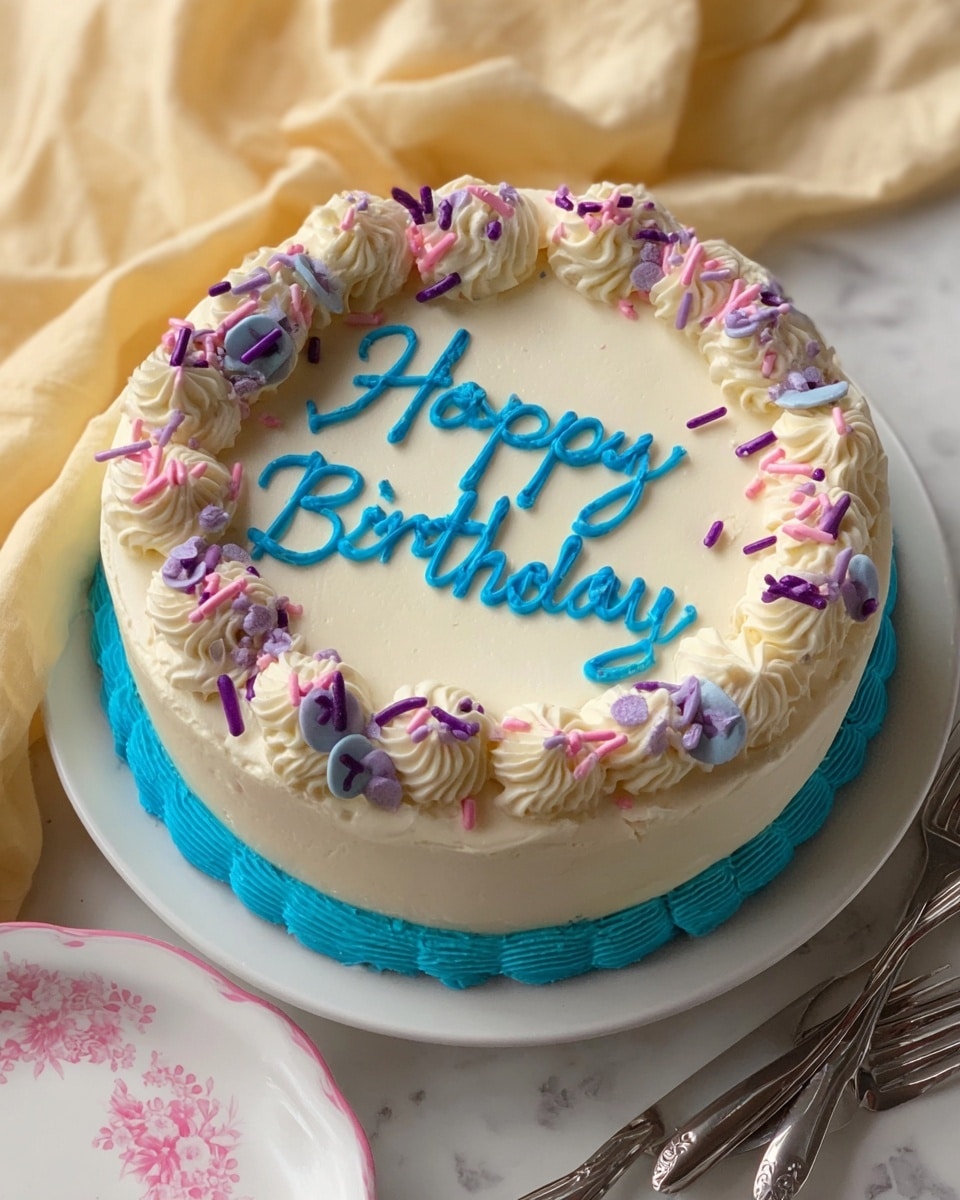 A close-up image shows a slice of soft yellow sponge cake with three visible layers, each separated by light white cream filling. The top layer is covered with smooth white icing decorated with small blue frosting details and pastel-colored round candy pieces. A silver fork holds a bite-sized piece of the cake, showing the moist texture and cream on the side. The cake slice and fork rest on a white plate with blue floral patterns, placed on a white marbled surface. Photo taken with an iphone --ar 4:5 --v 7