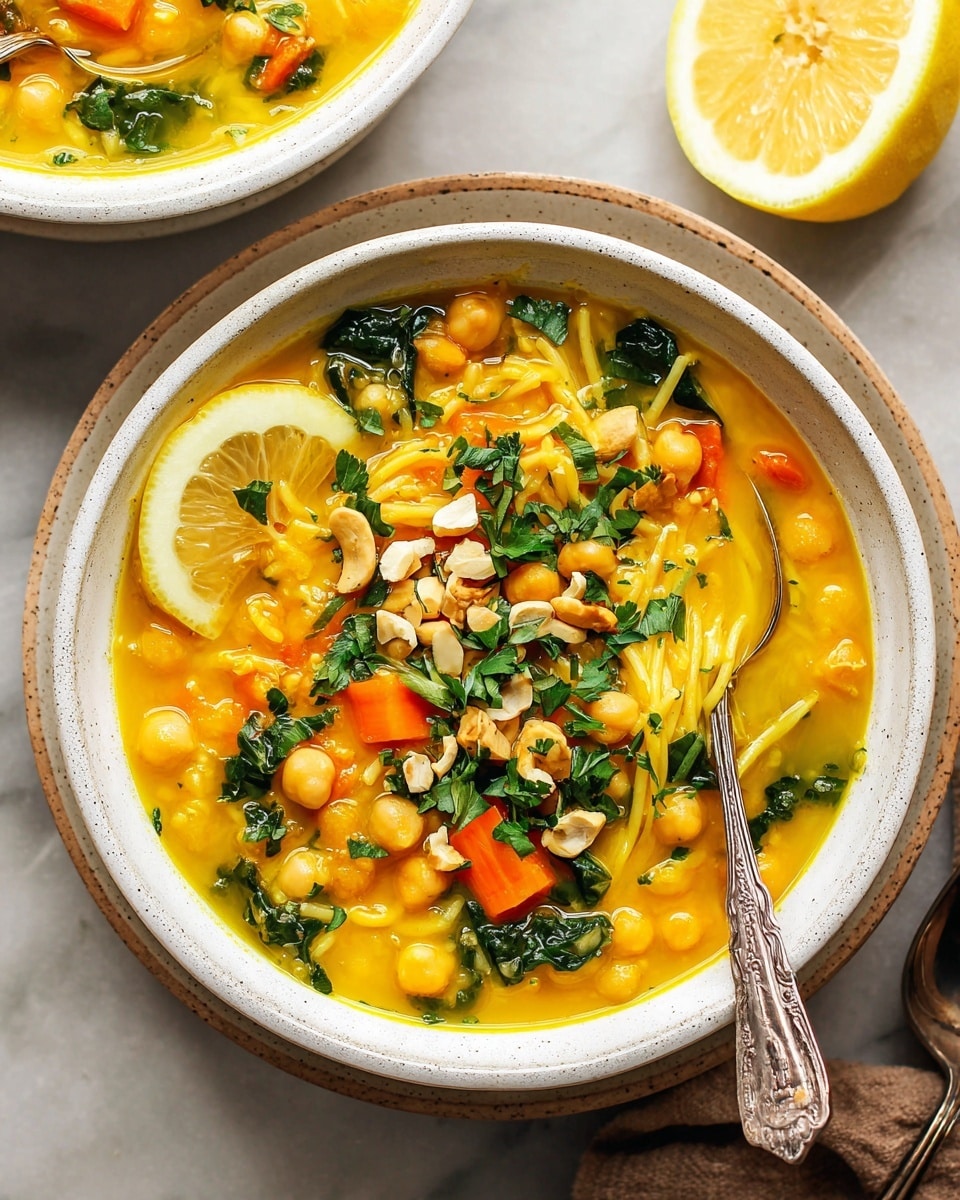 A close-up of a bowl of bright yellow soup filled with chickpeas and small pieces of orange carrot and green leafy vegetables, topped with fresh chopped parsley and crushed cashews. A lemon wedge rests on the side of the bowl, adding a fresh contrast to the warm colors. The soup shows a smooth but chunky texture with visible noodles mixed in. A vintage silver spoon is placed inside the bowl, and the bowl sits on a white plate against a white marbled surface. In the top left corner, another white bowl with the same soup and a lemon slice is partially visible. Photo taken with an iphone --ar 4:5 --v 7