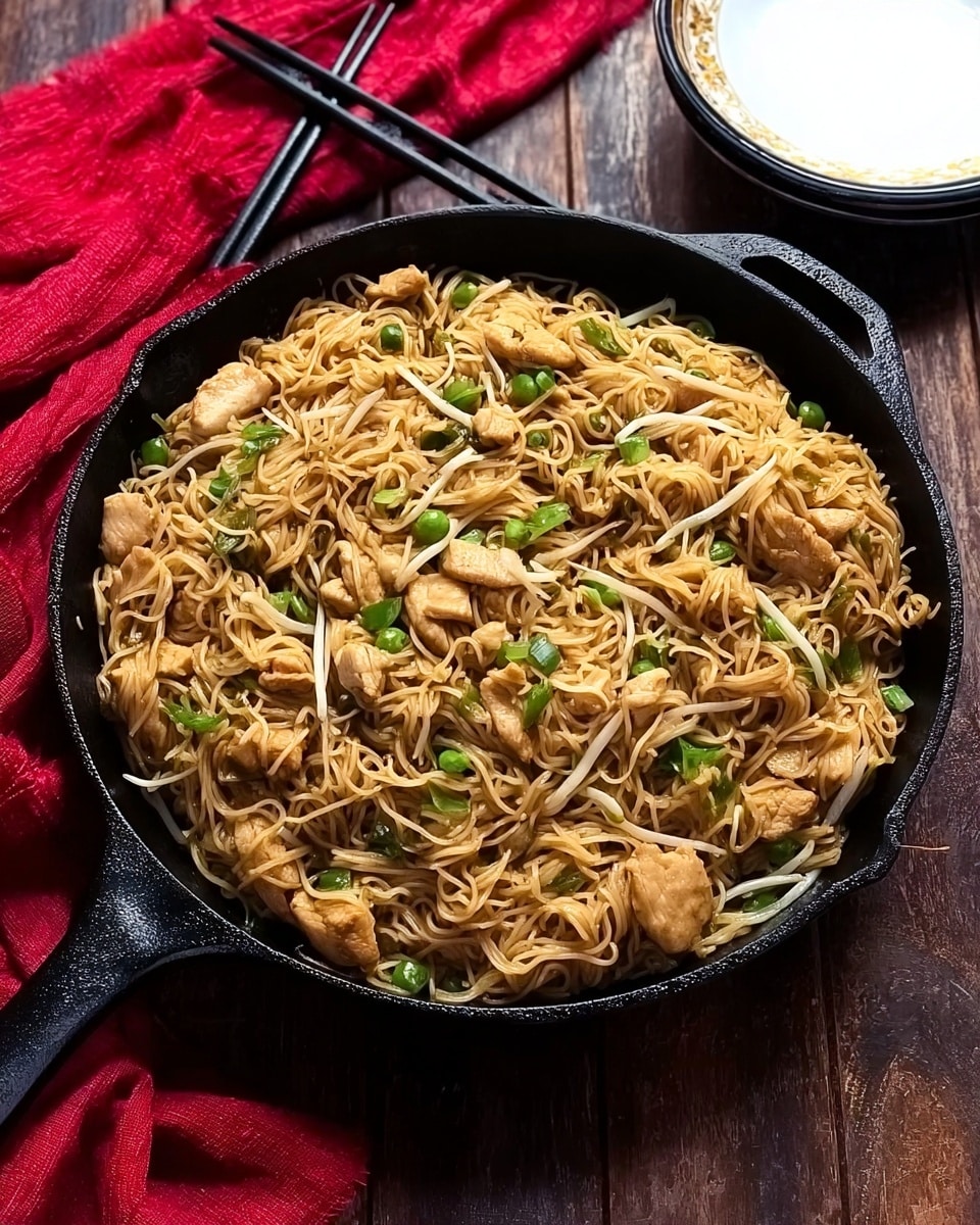 A round black cast iron pan filled with three layers of stir-fried noodles mixed with small pieces of cooked chicken, bean sprouts, and green herbs scattered on top. The noodles are light brown with a slightly glossy texture, the chicken pieces are pale tan, and the green herbs add fresh color. The pan is placed on a dark wooden surface with a white plate and black chopsticks nearby. A red cloth is placed to the side, adding a splash of color to the scene. photo taken with an iphone --ar 4:5 --v 7