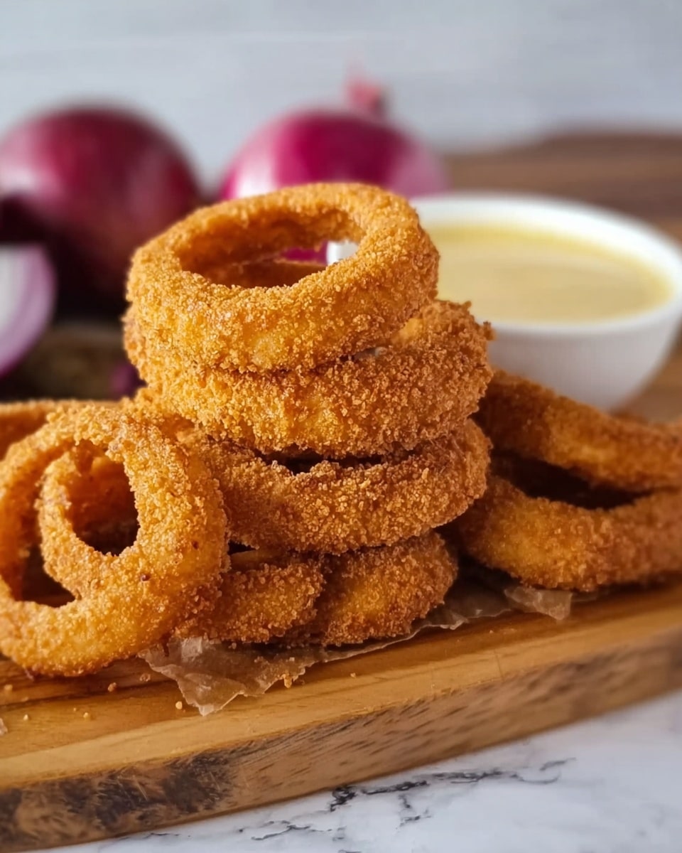 A white plate is filled with a pile of golden-brown onion rings, each coated in a crispy, textured breading. The rings vary slightly in size and overlap each other naturally, showing their crunchy surface. On the left side of the plate, a small white bowl holds a creamy white sauce with visible green herb specks. The plate rests on a white marbled surface with some parchment paper underneath the onion rings. photo taken with an iphone --ar 4:5 --v 7