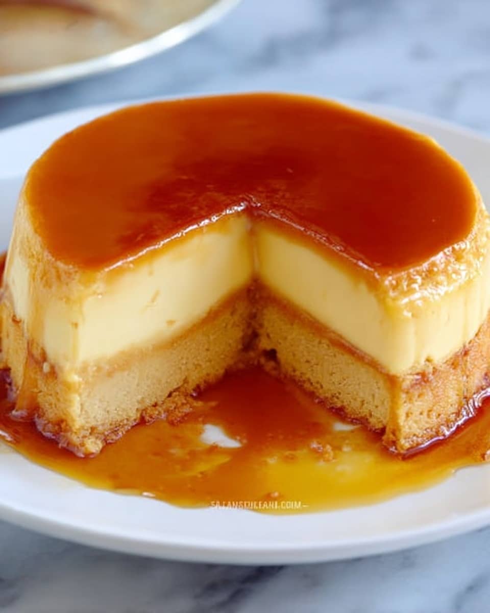 The image shows a round dessert with three visible layers on a white plate, placed on a white marbled surface. The bottom layer is a light golden brown cake with a soft texture, the middle layer is a pale yellow custard, and the top layer is a smooth, glossy caramel in a rich amber color. Some caramel sauce has slightly spilled onto the plate around the dessert. In the background, there is another similar dessert slightly blurred. Photo taken with an iphone --ar 4:5 --v 7