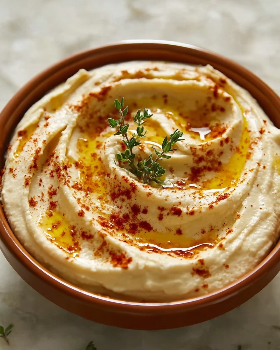 A close-up of creamy hummus served in a white bowl, with two thick swirls of smooth, pale beige hummus creating a raised spiral pattern. The top layer is lightly dusted with dark red paprika, and bright golden olive oil pools in the center, reflecting soft light. A small sprig of fresh green herb stands upright in the middle, adding a pop of natural color. The bowl sits on a white marbled surface, with blurred slices of light brown bread in the background. Photo taken with an iphone --ar 4:5 --v 7
