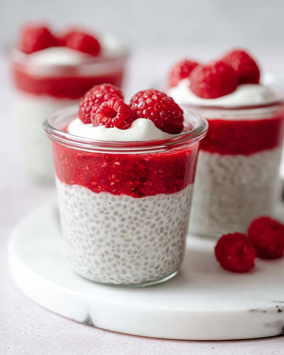 Two clear glass jars filled with three layers of chia pudding are placed on a white round board over a white marbled texture. The bottom two layers are a pale creamy color with tiny black chia seeds visible throughout, topped with a red raspberry sauce layer with a slightly chunky texture. On the top, there is a small dollop of white cream, and on one jar, three whole fresh raspberries rest on top, while the other jar has one raspberry. In the background, two more similar jars are blurred out, showing the same layering. The photo is taken with an iphone --ar 4:5 --v 7