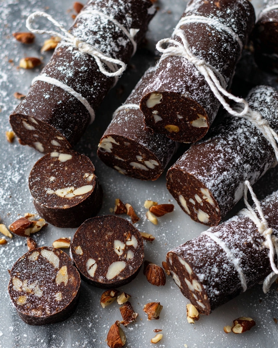 The image shows several dark brown cylindrical chocolate salami rolls tied with white string, dusted with light white powder, placed on a white marbled textured surface. Some of the chocolate salamis are whole while others are sliced into round pieces revealing small, uneven light tan nut chunks inside the rich chocolate layer. Small nut pieces are scattered around the chocolate salamis, adding texture to the scene. The composition focuses closely on the rolls, showing a mix of smooth and crumbly textures with a contrast between dark chocolate and light nuts. photo taken with an iphone --ar 4:5 --v 7