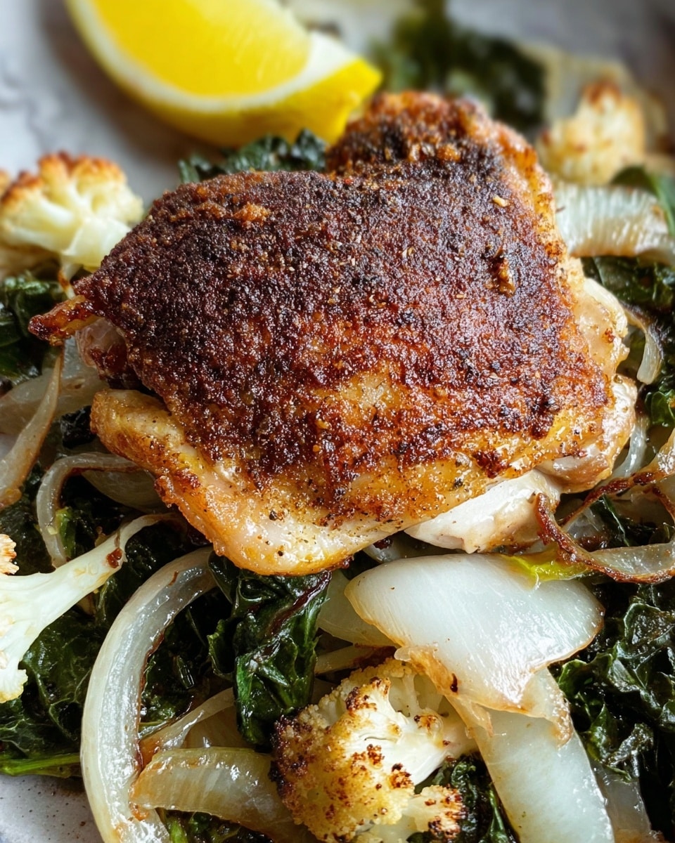 A close-up image shows a piece of golden brown, crispy roasted chicken thigh on a wooden spatula. The chicken skin is speckled with black pepper and looks well-seasoned. Under the chicken, there are layers of cooked leafy greens, light-colored onion slices, and chunks of orange carrots. Around the chicken are wedges of bright yellow lemon. The food rests in a metal tray placed on a white marbled surface. photo taken with an iphone --ar 4:5 --v 7