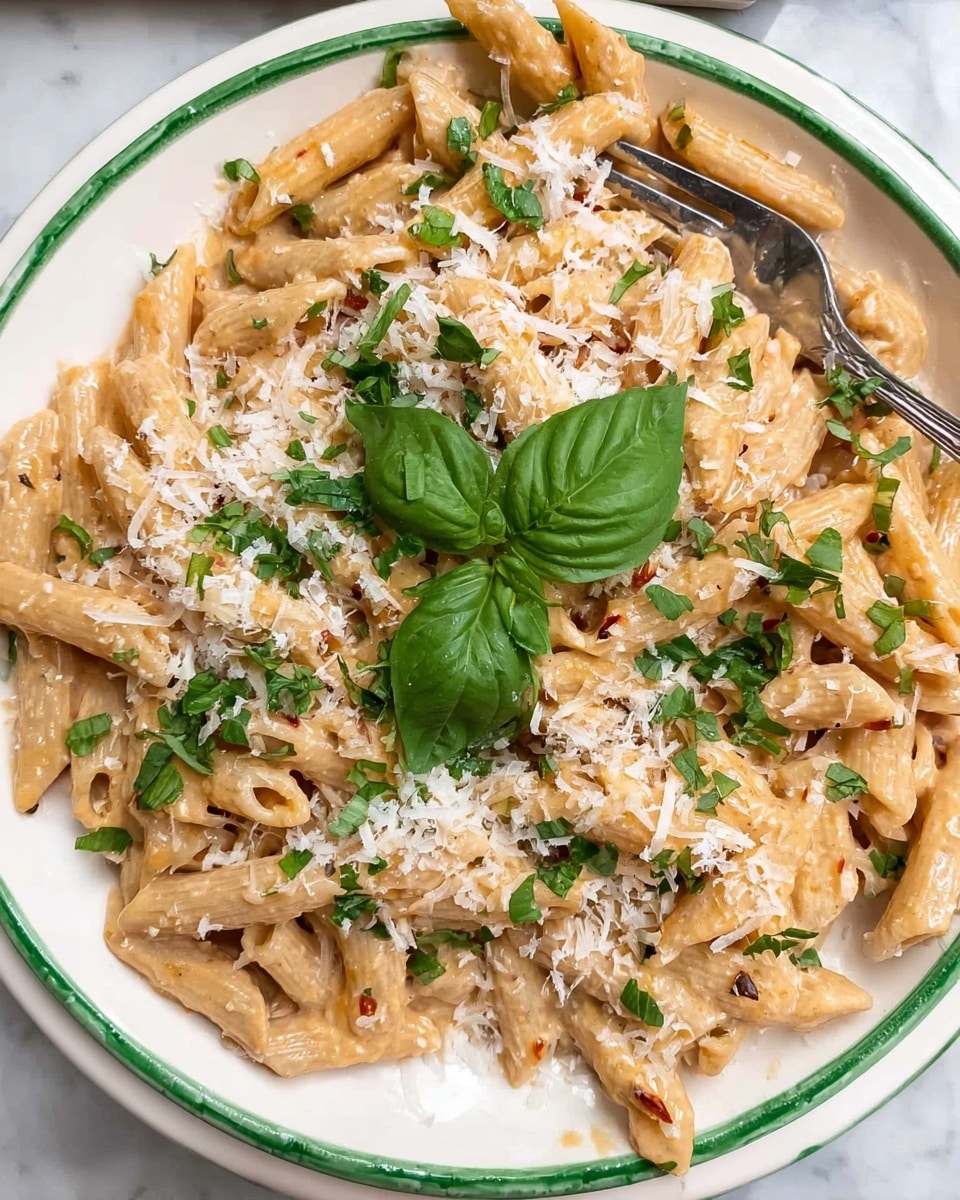 A white plate with a green rim holds creamy penne pasta coated in a light brown sauce. The pasta is topped with grated white cheese sprinkled evenly over the dish. Fresh, finely chopped green herbs are scattered on top, adding color, and three whole basil leaves rest in the center as a garnish. A fork is tucked into the pasta on the left side. The background is a white marbled surface. Photo taken with an iphone --ar 4:5 --v 7