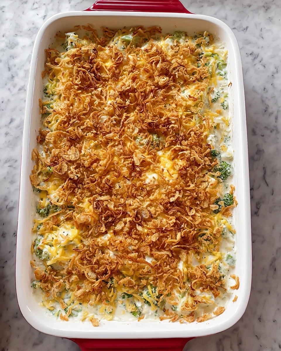 A white casserole dish filled with creamy baked spaghetti topped with a golden brown crunchy layer, likely fried onions. The creamy noodles, mixed with green herbs and bits of browned ingredients, are lifted by a utensil held by a woman's hand with red nail polish, showing the thick, smooth sauce coating the spaghetti strands. The background has a soft white marbled texture and a blurry kitchen setting. Photo taken with an iphone --ar 4:5 --v 7