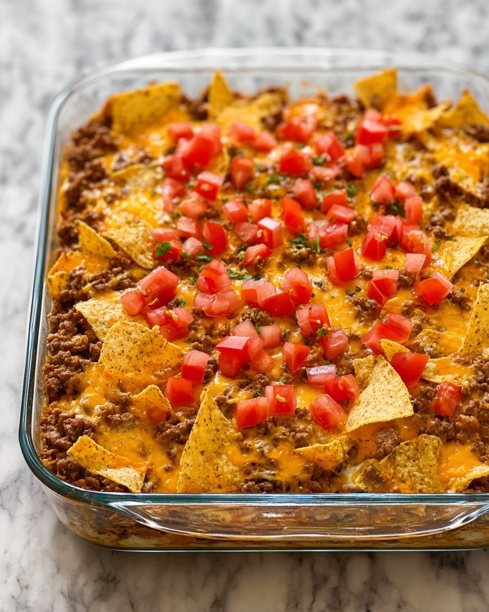 A clear glass square baking dish shows a layered casserole with three main layers. The bottom layer is a mix of light brown cooked meat. The middle layer is melted bright orange cheese spread evenly. The top layer consists of more cooked meat, crushed yellow corn chips scattered unevenly, and small diced red tomato pieces spread on top. The dish is placed on a white marbled surface. photo taken with an iphone --ar 4:5 --v 7