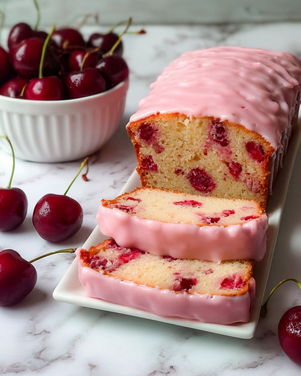 A white rectangular plate holds a loaf cake with two slices cut in the front. The cake has three visible layers: the bottom layer is the golden brown crust, the middle layer is a moist pale yellow cake dotted with bright red cherry pieces, and the top layer is a smooth, shiny pink glaze drizzled evenly across the top and dripping slightly down the sides. Behind the plate, there is a white bowl filled with shiny dark red cherries, some with green stems still attached. The scene is set on a white marbled surface. Photo taken with an iphone --ar 4:5 --v 7
