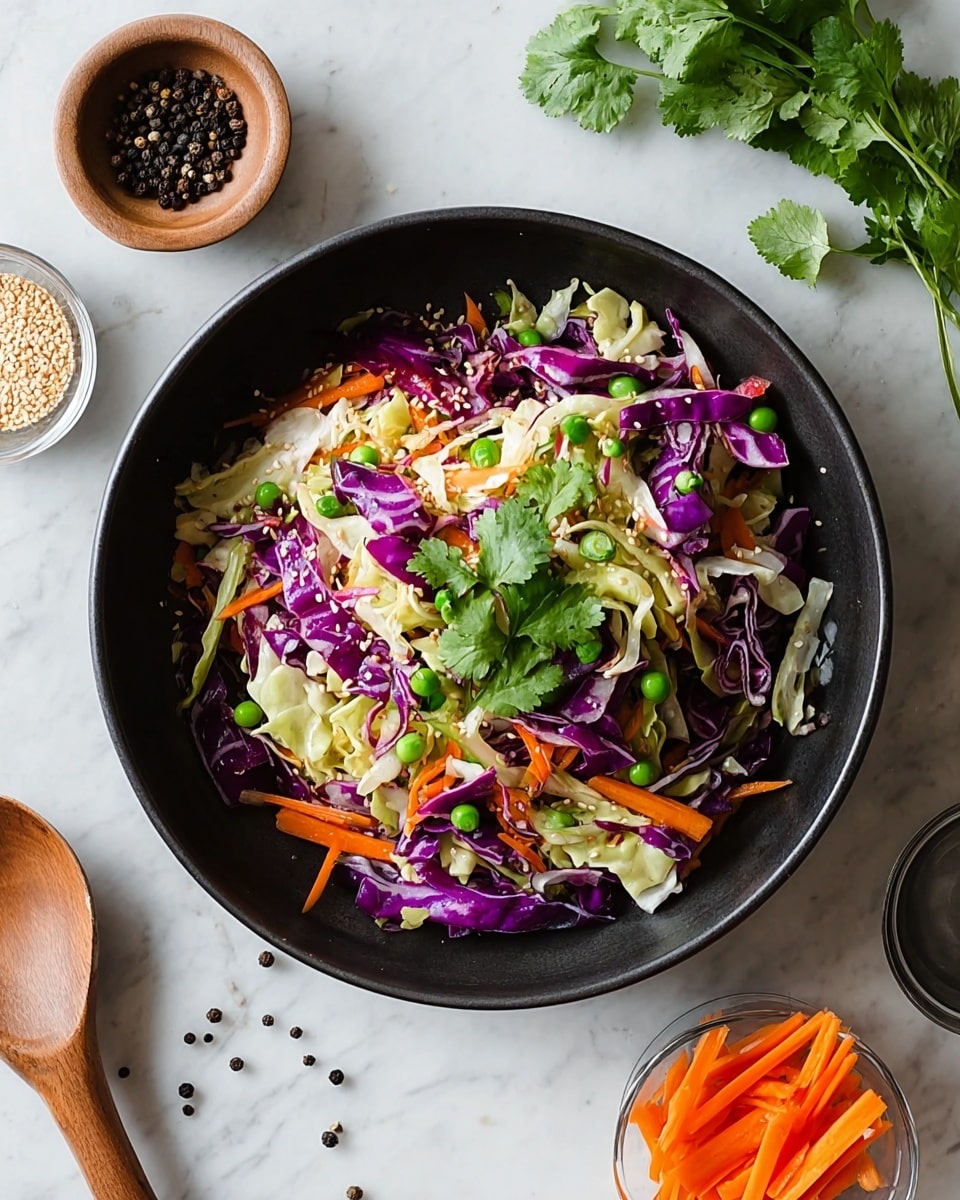 A black bowl filled with a colorful cabbage stir-fry stands on a white marbled surface. The dish has three main layers visible: the base layer is light green shredded cabbage, mixed with a generous amount of bright orange thin carrot sticks and dark purple cabbage strips scattered throughout. Small green peas are sprinkled on top along with a few green cilantro leaves giving a fresh look. Next to the bowl, a small black plate holds more orange carrot sticks sprinkled with light brown sesame seeds. The scene is accented with scattered peppercorns and coriander leaves on the marbled surface, creating a fresh and natural feel. photo taken with an iphone --ar 4:5 --v 7