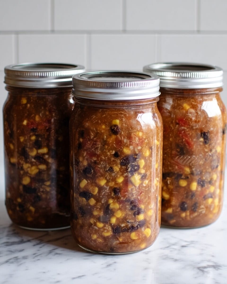 Three clear glass jars with silver lids are filled with a thick, chunky mixture showing distinct layers of yellow corn, black beans, and diced vegetables in a deep reddish-brown sauce. The jars are aligned diagonally on a white marbled surface, starting with the closest jar in the foreground and the others gradually fading into the background, all placed against a blurred white tiled wall. The textures inside the jars look moist and hearty, with the corn and beans clearly visible through the glass. photo taken with an iphone --ar 4:5 --v 7