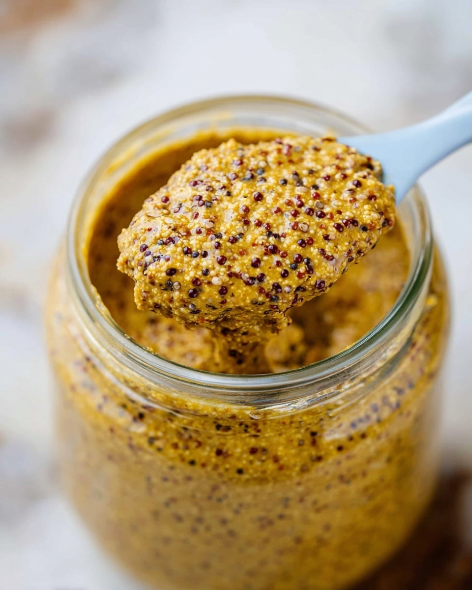 A close-up view of a clear glass jar filled with grainy mustard, showing a thick layer of coarse mustard seeds mixed in a yellowish-brown sauce. A light blue spreader lifts a portion of the mustard above the jar, displaying the grainy texture with small dark and light seed bits evenly spread throughout. The background is a white marbled surface, softly out of focus, emphasizing the rich, textured mustard inside the jar. photo taken with an iphone --ar 4:5 --v 7
