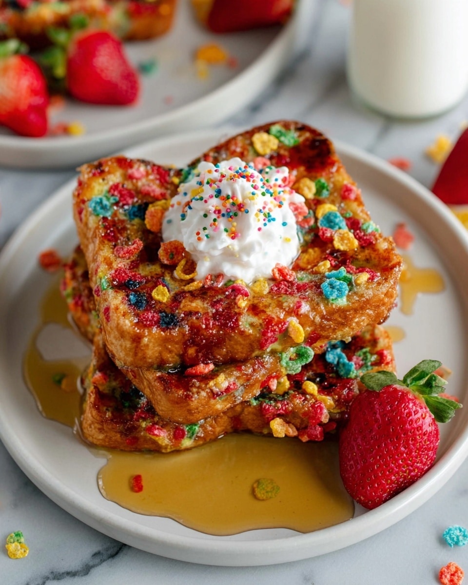Two square pieces of French toast coated with colorful fruity cereal pieces are stacked on a white plate. The toast has a golden brown crust with crispy and textured edges. On top of the stack, there is a dollop of white whipped cream sprinkled with more fruity cereal bits. A fresh red strawberry sits to the right side of the toast. Light golden syrup is drizzled artistically around the toast on the white marbled surface that the plate is placed on. photo taken with an iphone --ar 4:5 --v 7