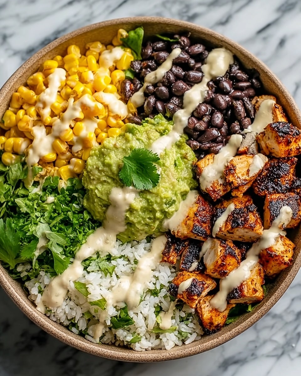 A close-up of a bowl filled with grilled chicken strips that have a slightly charred outside, placed in the center front. To the left of the chicken is bright yellow corn, and to the right, dark black beans. Behind the chicken, there is a layer of green chopped cilantro and pieces of avocado, with a few small red cherry tomato slices to the far right. A creamy white sauce is lightly drizzled over the chicken, cilantro, corn, and beans. The bowl itself is white and has a coarse texture. The background surface is a white marbled texture. photo taken with an iphone --ar 4:5 --v 7