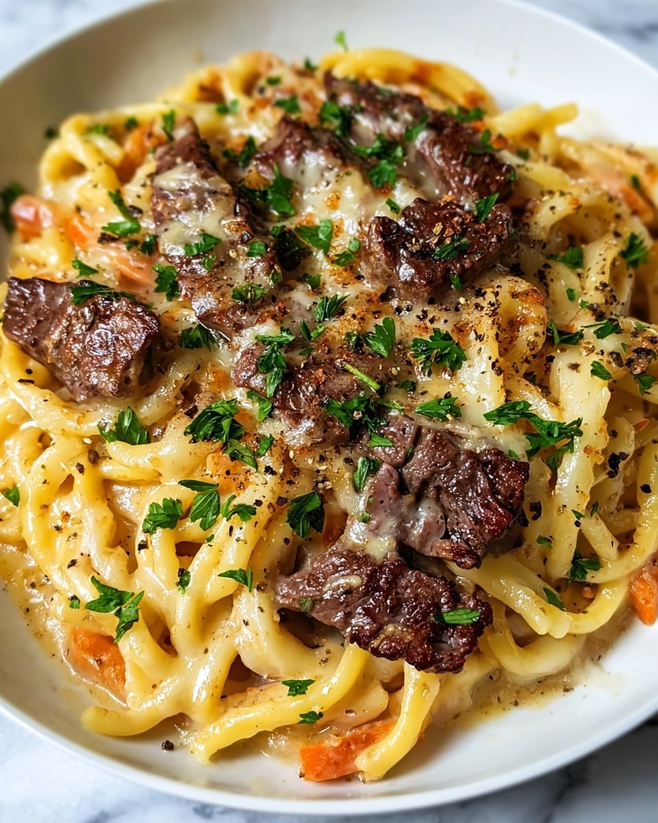 A white plate holds a creamy pasta dish with three main layers. The bottom layer is thick, creamy pasta coated in a light beige sauce with bits of orange carrot pieces mixed in, visible through the sauce’s smooth texture. On top, there are several dark brown pieces of cooked meat with a slightly crisp, seared surface. The top layer is melted cheese that covers some parts of the meat and pasta, showing a yellowish-white color with a few darker browned spots. The dish is finished with small green herb bits sprinkled all over and some coarsely ground black pepper scattered on top. The background is a white marbled texture. photo taken with an iphone --ar 4:5 --v 7