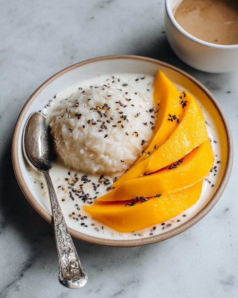 The image shows four white plates with a creamy sauce base covering the bottom. Each plate holds a rounded mound of sticky white rice topped with a few black sesame seeds in the center. Next to the rice on each plate, there are several slices of bright orange mango arranged in a fanned-out pattern, also sprinkled with black sesame seeds. One plate has a vintage silver spoon resting on the edge beside the mango slices. The plates are placed on a white marbled surface with some small bowls holding black sesame seeds and coconut cream, along with a few silver spoons and a blue cloth napkin around them. photo taken with an iphone --ar 4:5 --v 7