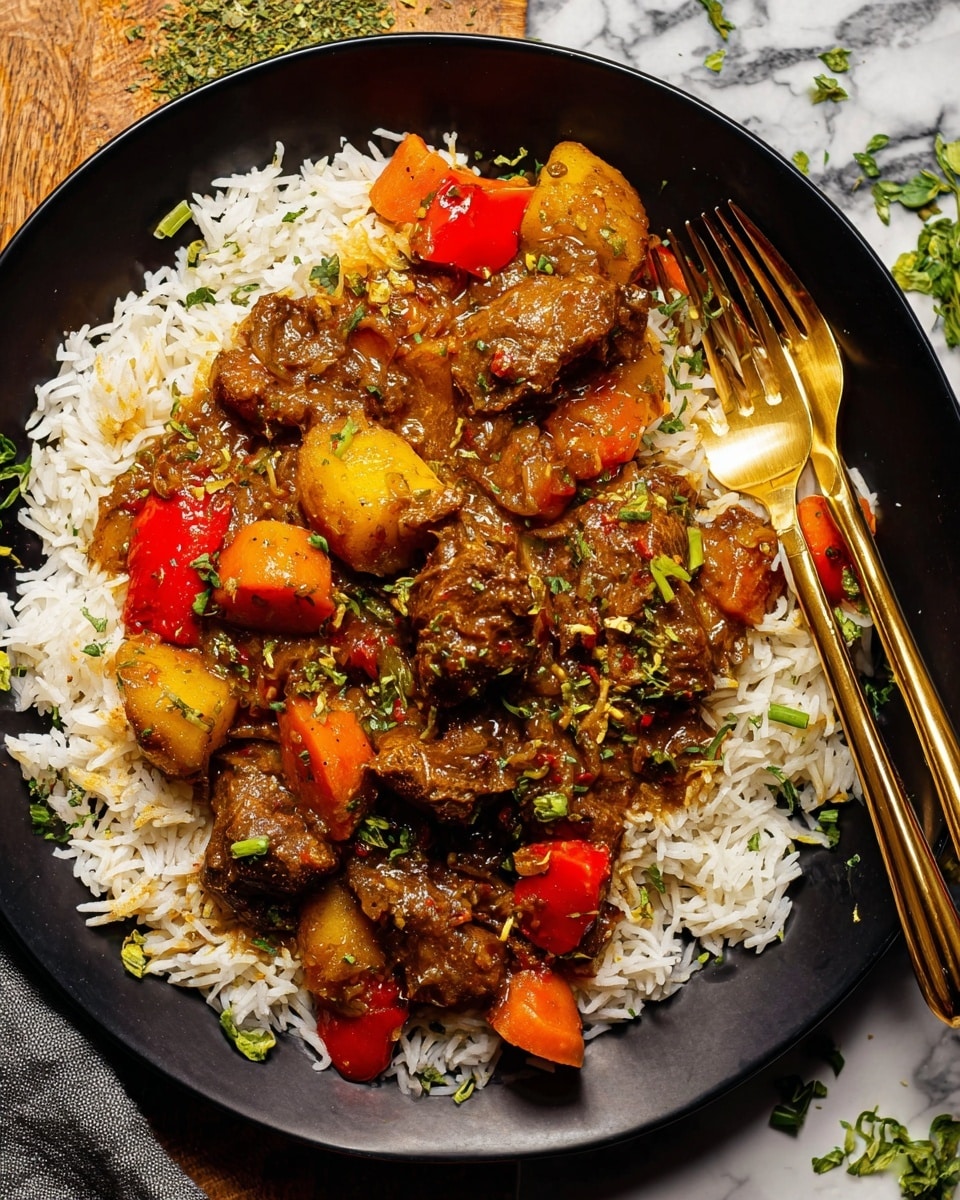A dark plate holds a bed of white rice spread evenly in a round shape. On top, there are several chunks of brown, saucy meat mixed with pieces of yellow potatoes and bright red and green vegetables, all coated in a thick, herb-speckled brown sauce. The plate is set on a wooden table with scattered green chives, two whole chili peppers (one green and one red), and a sprig of thyme. Two gold forks lay on either side of the plate. To the top left, there is a glass filled with orange drink and ice cubes. A small white bowl with green chopped vegetables sits in the lower left corner. A textured orange cloth is partially under the plate to the lower right. photo taken with an iphone --ar 4:5 --v 7