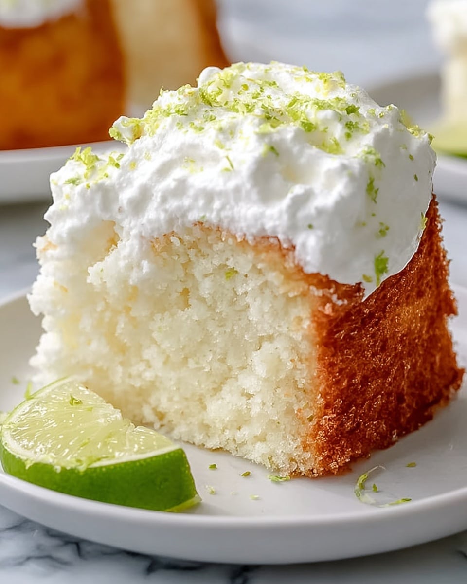 A close-up view of a single slice of white cake with a golden brown crust on the outside layer, topped with a fluffy white whipped cream layer sprinkled with light green zest. The inside of the cake is spongy and white, showing a soft texture. Next to the cake slice on a white plate is a wedge of green lime. The plate rests on a white marbled surface. photo taken with an iphone --ar 4:5 --v 7