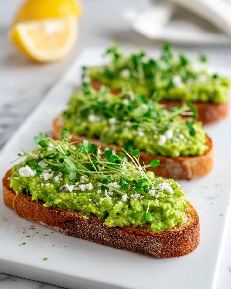 Three slices of toasted bread are arranged in a row on a white marbled surface, each topped with a thick layer of bright green mashed pea spread, which has a slightly chunky texture. The spread is sprinkled lightly with white grated cheese or finely crumbled topping. Fresh green pea shoots with delicate stems and leaves lay on top of each slice, creating a fresh and natural look. In the background, a blurred lemon wedge and some green herbs add more color but are out of focus. The overall image has a fresh, clean, and healthy feel. photo taken with an iphone --ar 4:5 --v 7