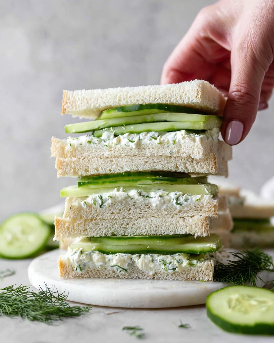 The image shows a close-up of three cucumber tea sandwiches stacked on a round white marble surface. Each sandwich has two slices of soft white bread with a visible soft, creamy white spread mixed with small green herb pieces, and several slices of fresh green cucumber layered inside. The cucumber slices have a light green center and darker green edges, and are neatly laid horizontally between the bread slices. A woman's hand is gently holding the top sandwich, lifting it slightly from the stack. In the foreground and background, there are additional cucumber slices and sprigs of green dill placed casually around the sandwiches. The whole scene is set against a soft, white marbled texture background. photo taken with an iphone --ar 4:5 --v 7